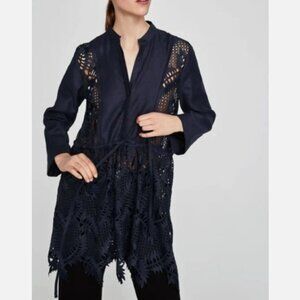 Zara Navy Linen Crochet Leaf Fern Eyelet Lace Tunic Size S